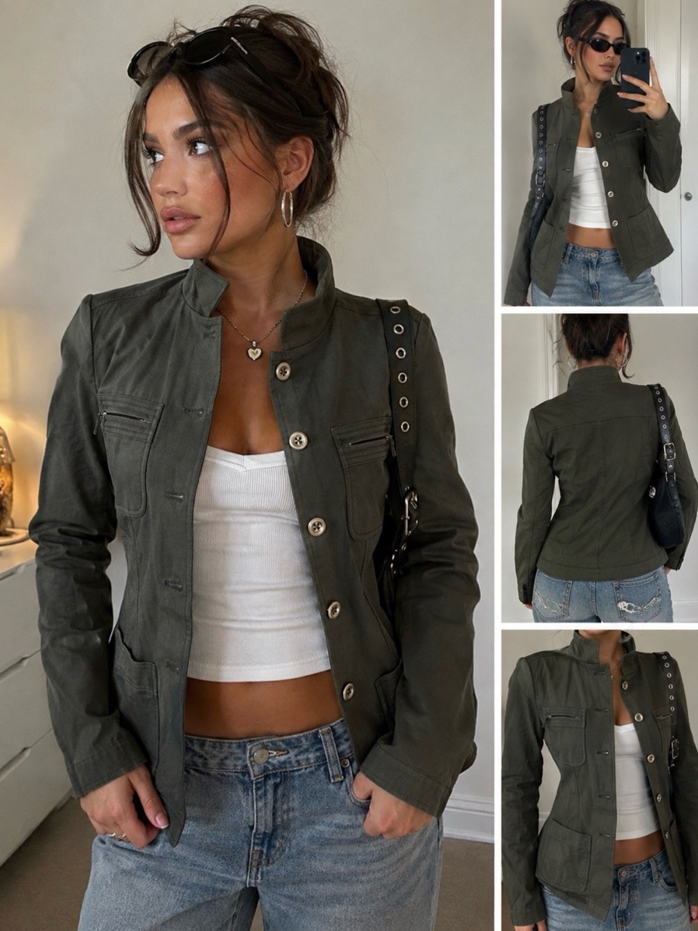 Ellen Tracy Olive Green Military Utility Jacket Size 4 Y2K Zip Button